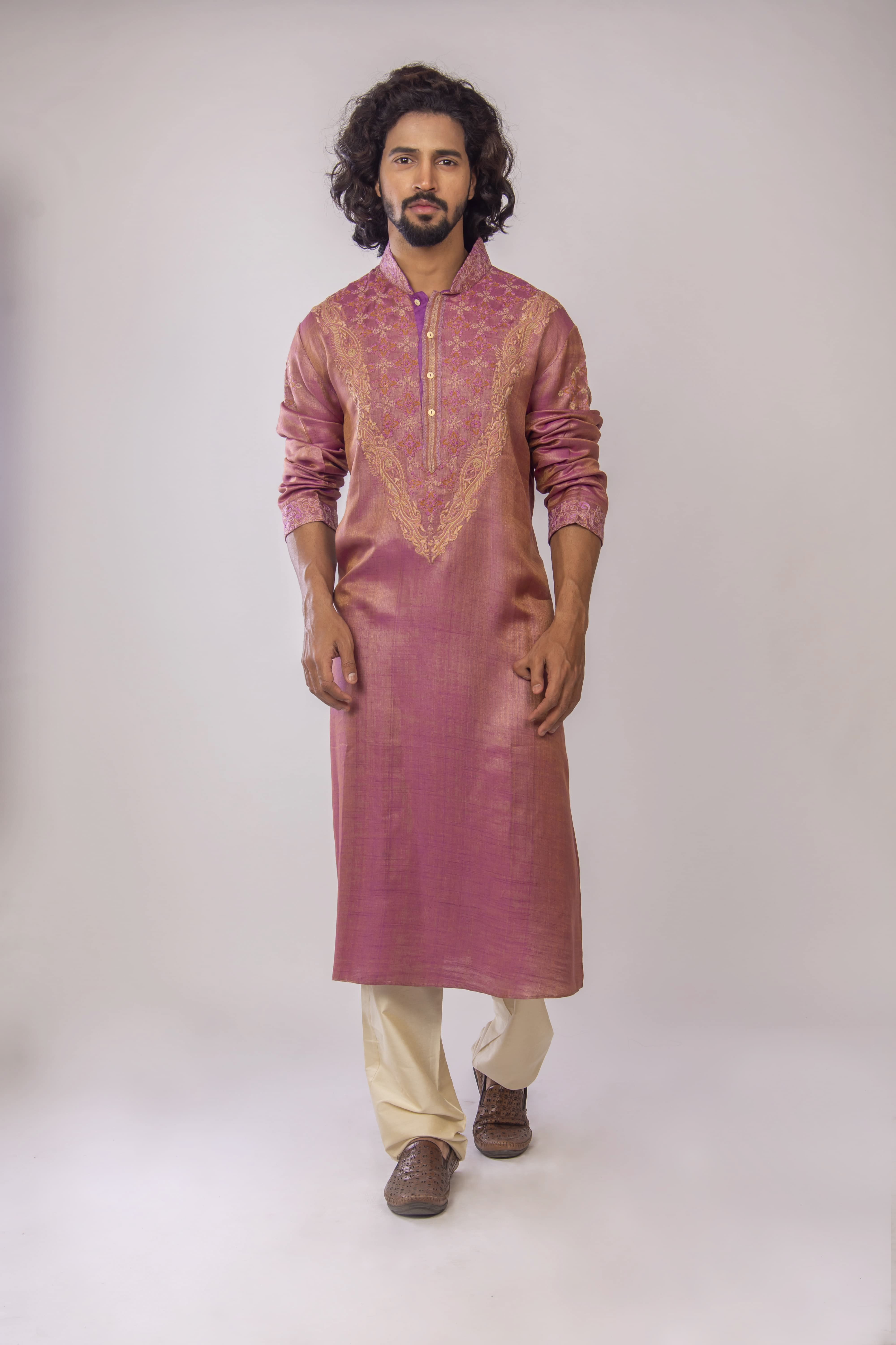 Onion Pink Handloom Kurta with Dual Tone Pashmina Weave and Intricate Resham Embroidery