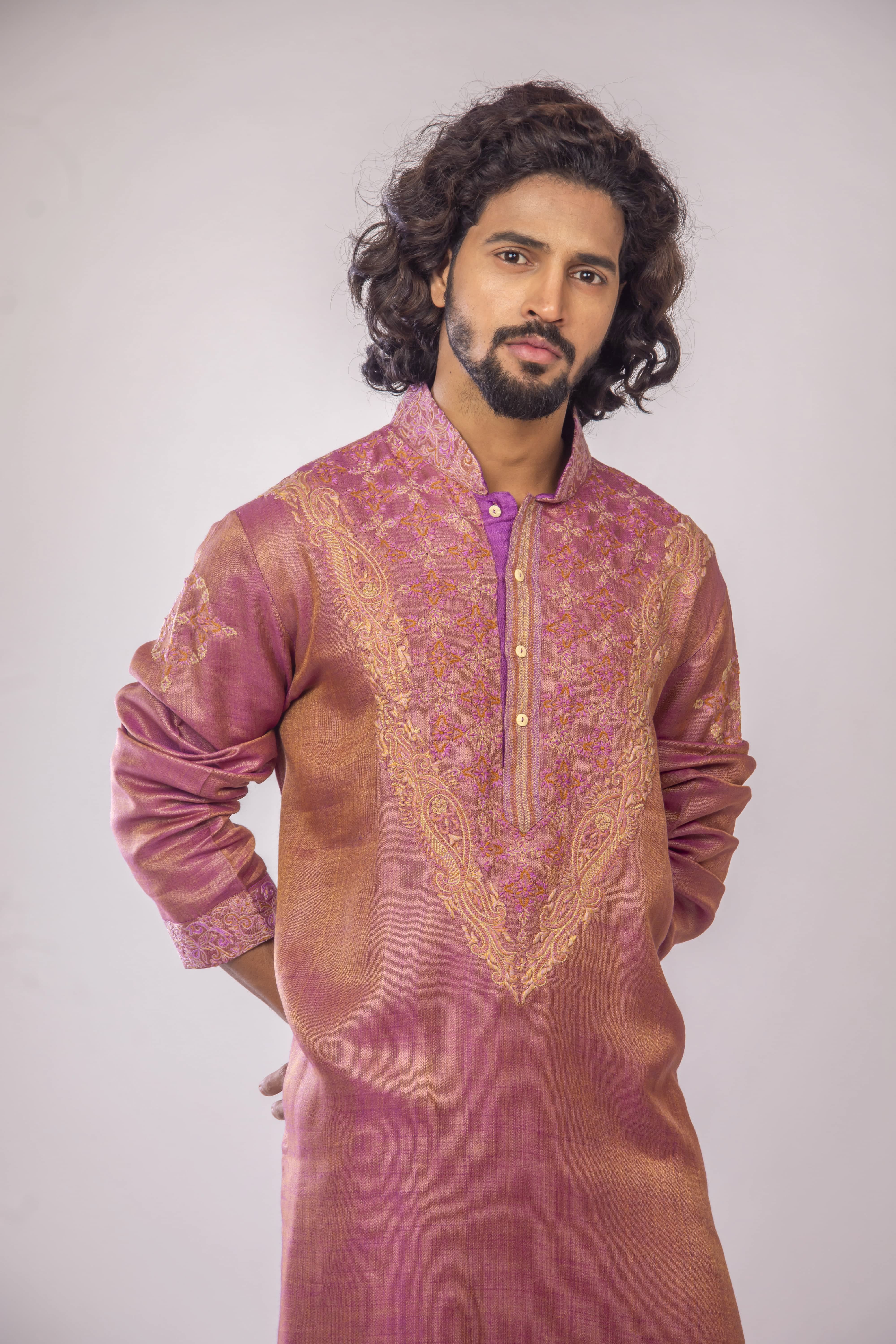 Onion Pink Handloom Kurta with Dual Tone Pashmina Weave and Intricate Resham Embroidery