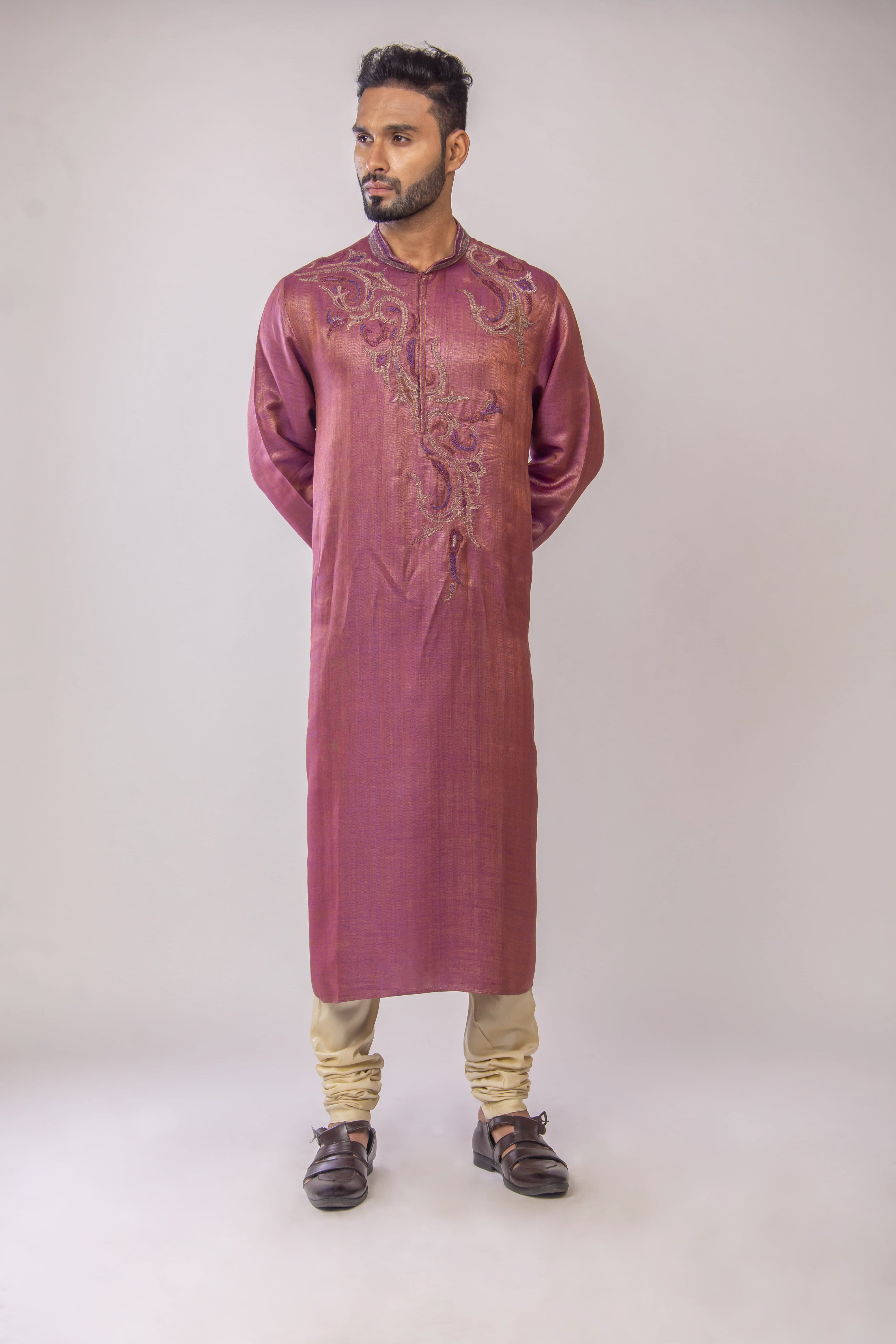 Onion Pink Kurta with Diagonal Resham Embroidery