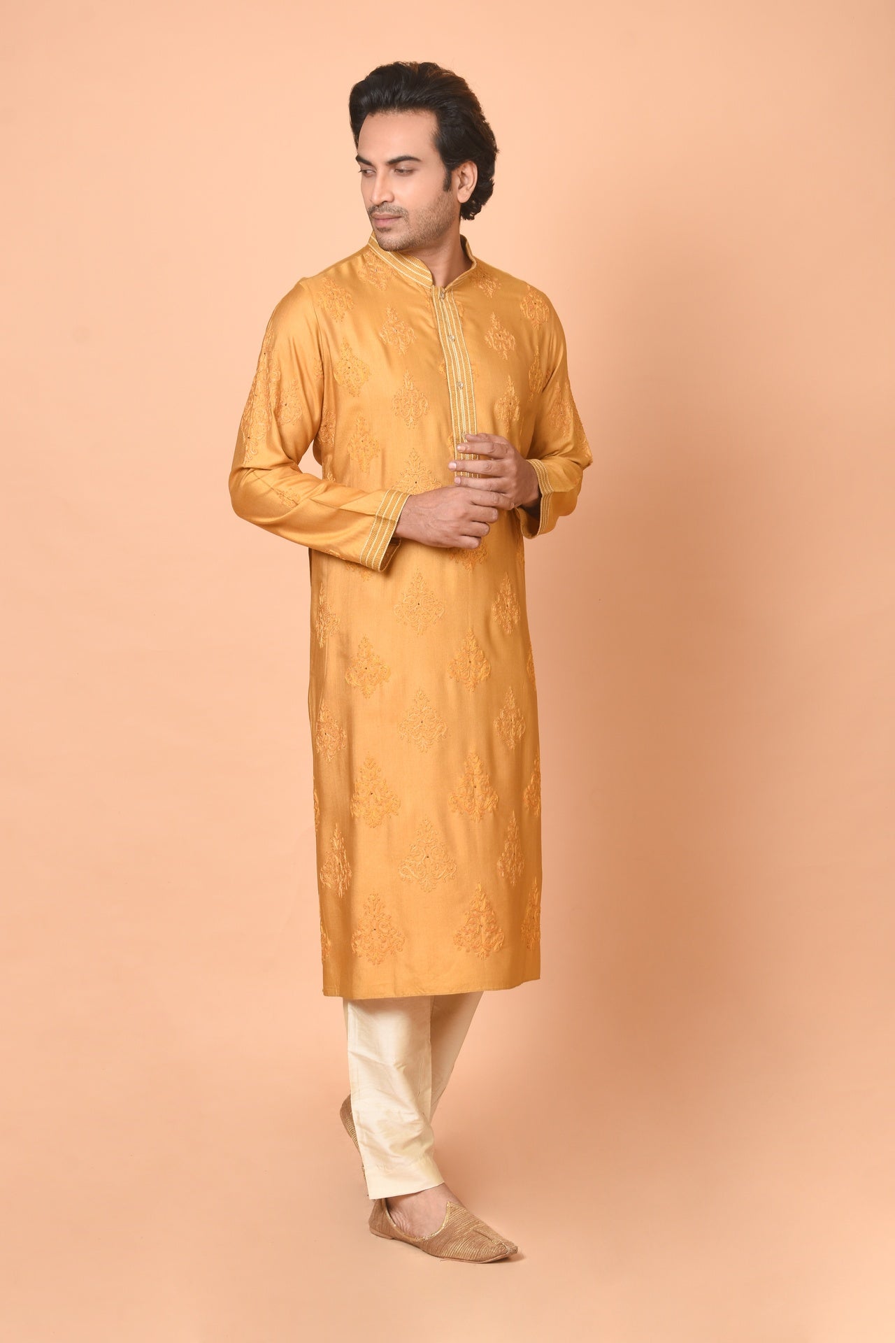 Yellow Ochre Cotton Silk Kurta with All-Over Machine Embroidery & Beige Churidar Set
