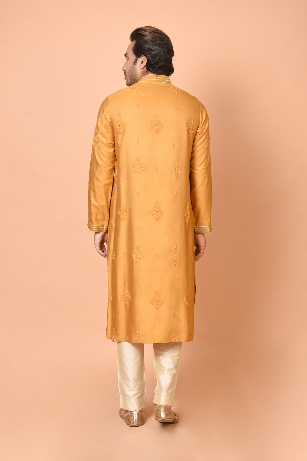 Yellow Ochre Cotton Silk Kurta with All-Over Machine Embroidery & Beige Churidar Set